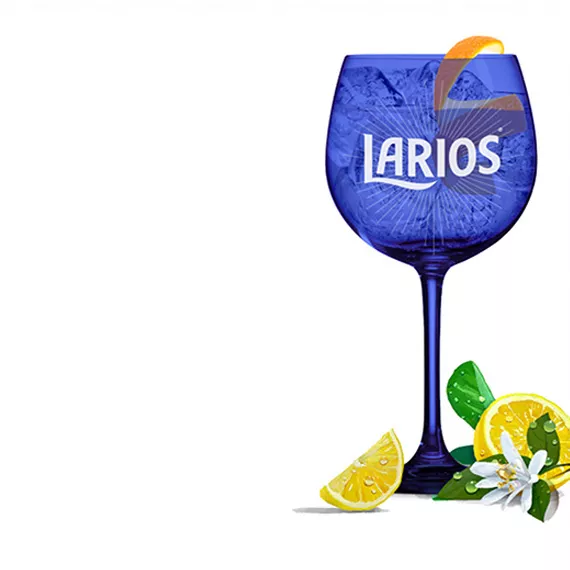 A cocktail card of a glass of Larios Gin Tonic Mediterranean garnished with orange peels
